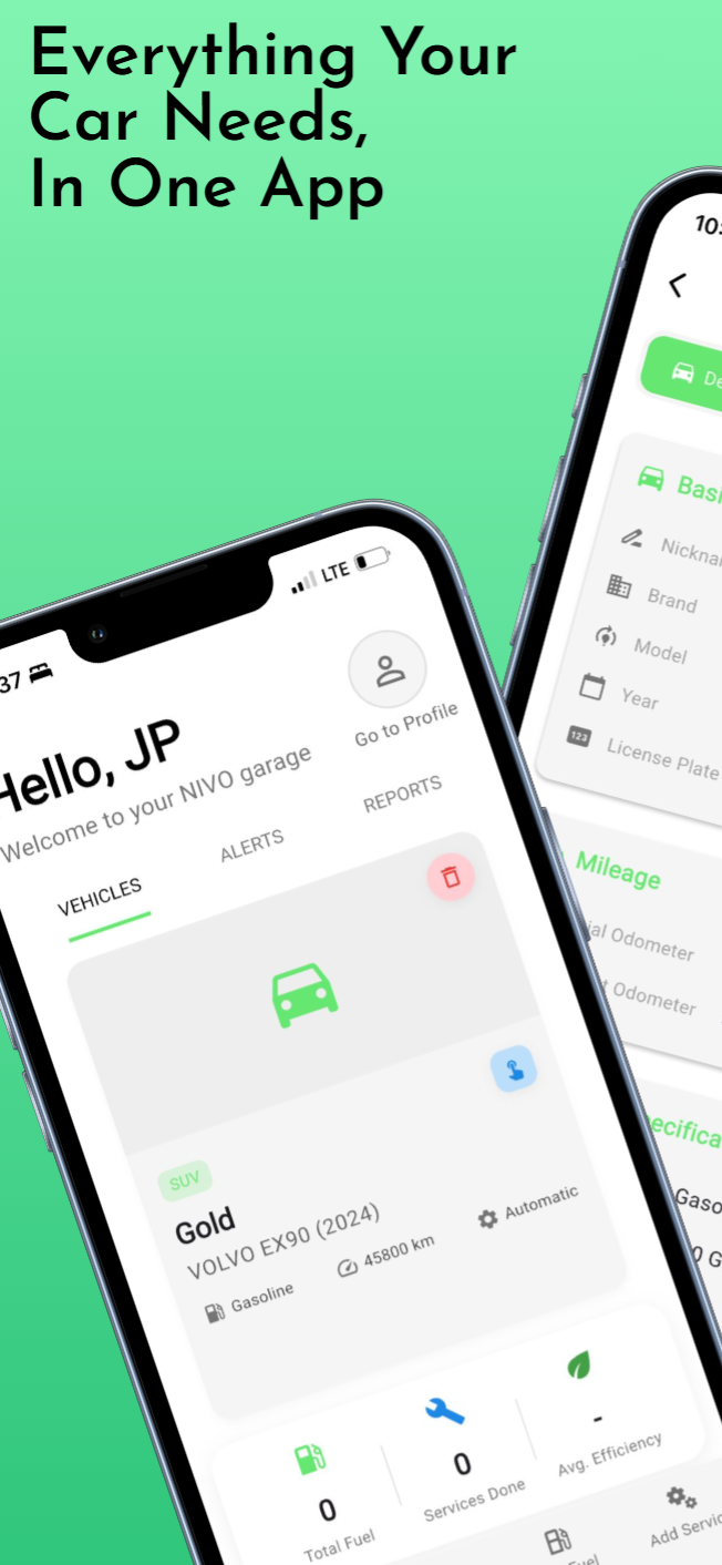 Nivo app - Main dashboard with vehicle overview